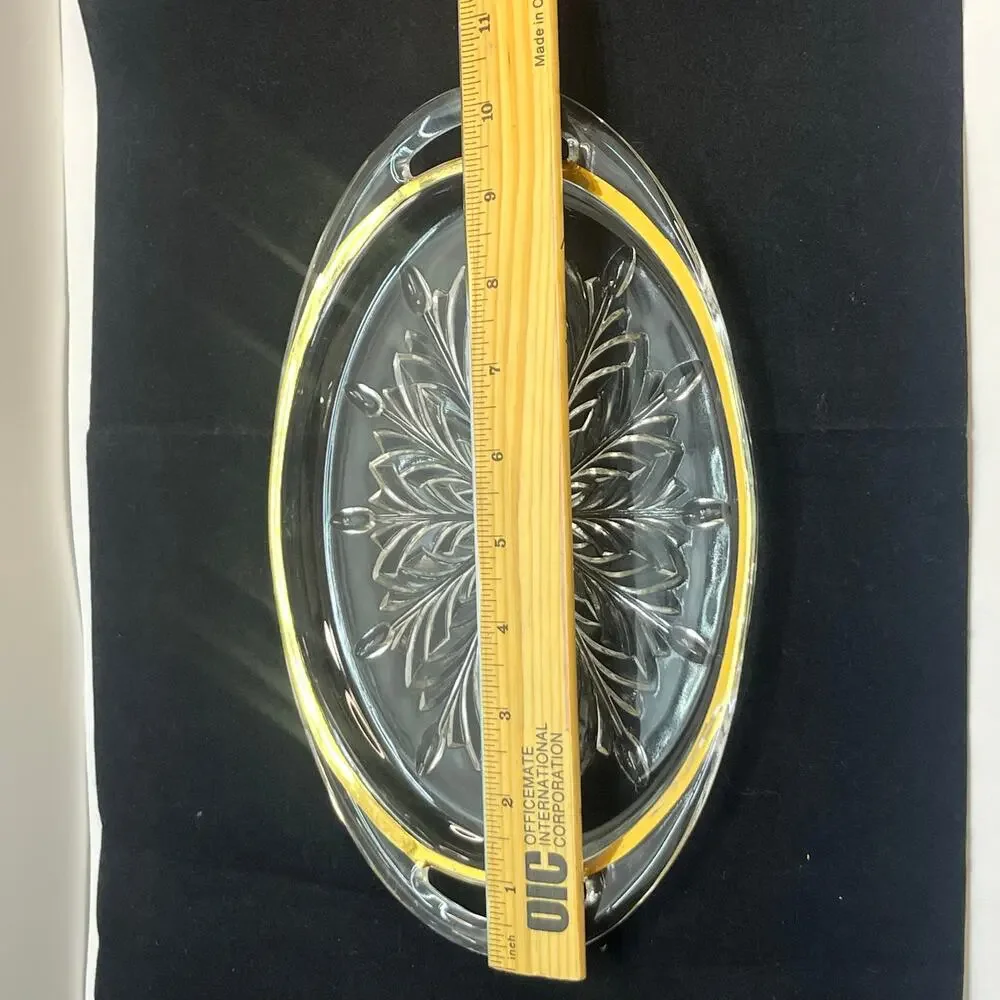 Vintage Jeannette glass feather gold rim tray 10.25x6.25 inches mcm‎ elegant